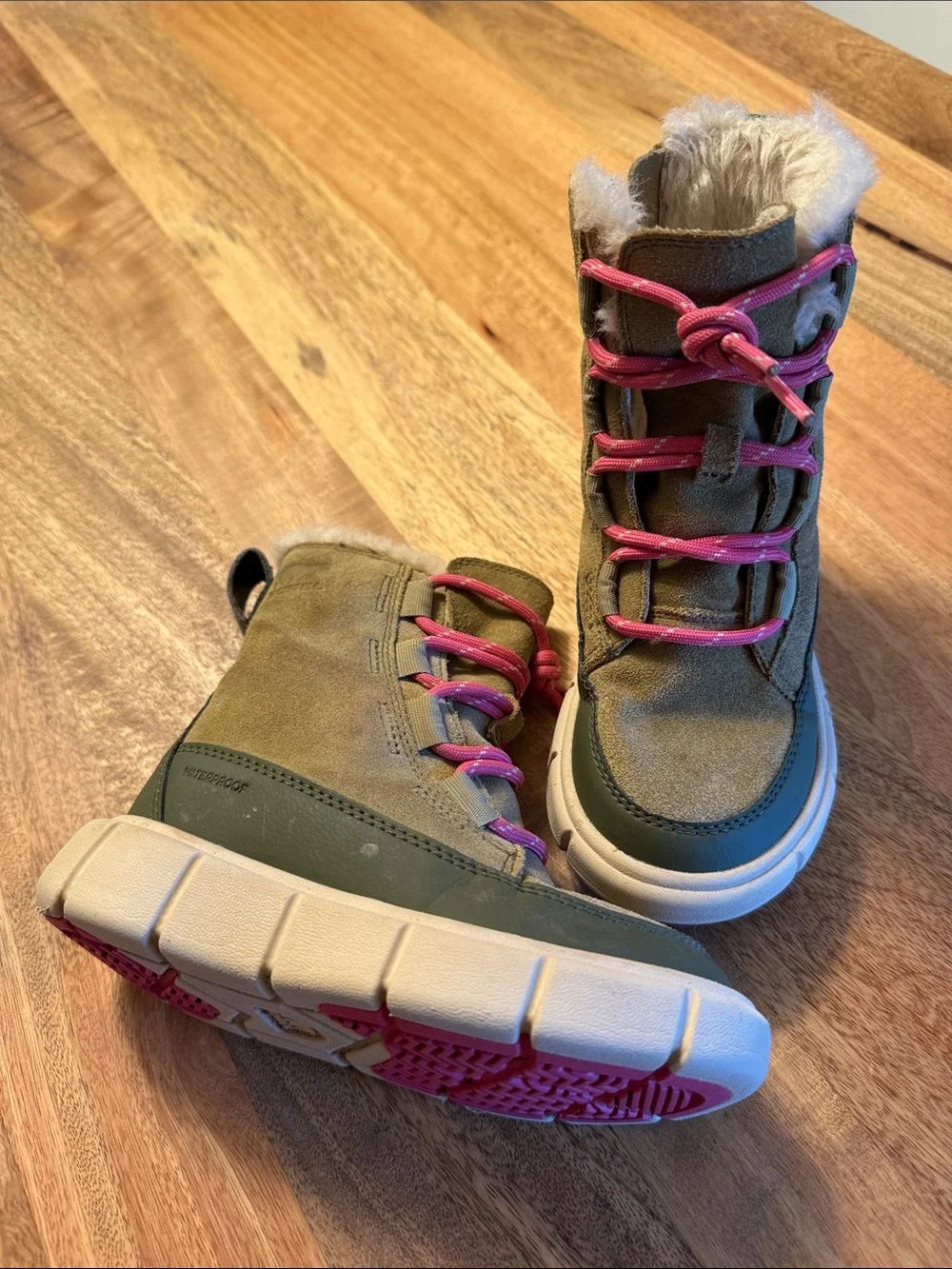 Sorel Kids size 10 Waterproof Olive Gree Winter Boots with Pink Accents